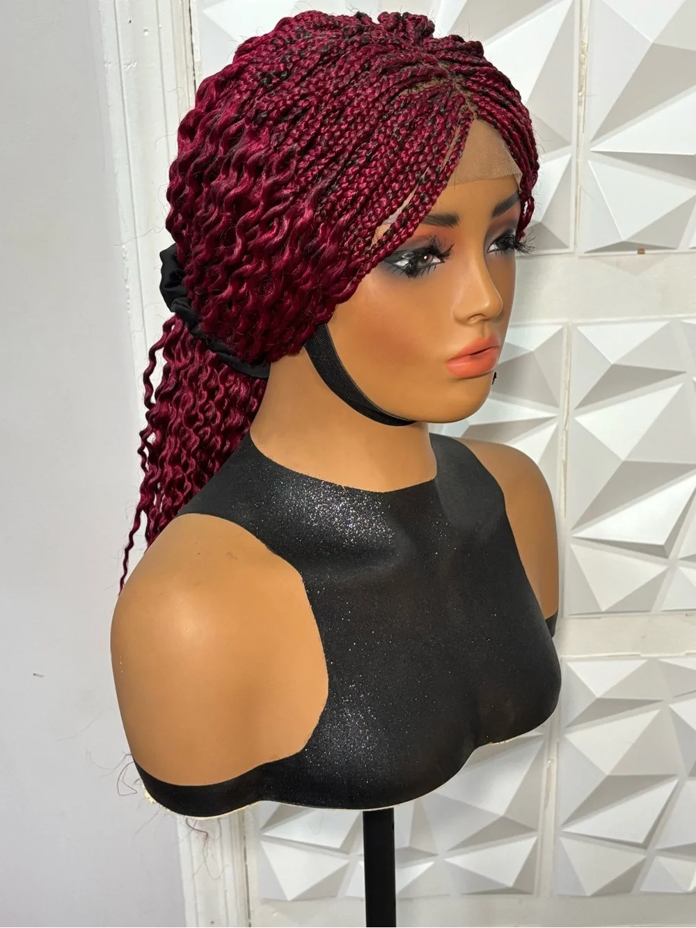 Handmade Boho curly twist Braided Closure Wig Burgundy Lightweight Natural Densi